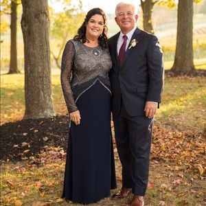 Adrianna Pappel Navy beaded long sleeve gown